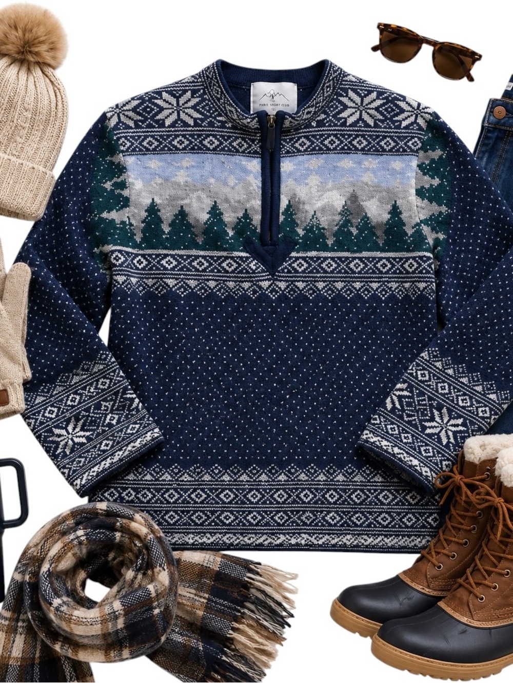 Paris Sport Club Shetland Wool Fair Isle Quarter Zip Sweater Small Nordic Knit